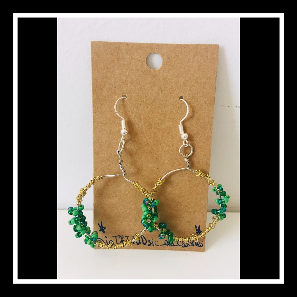 Gold and green wire wrapped silver hoop Earrings